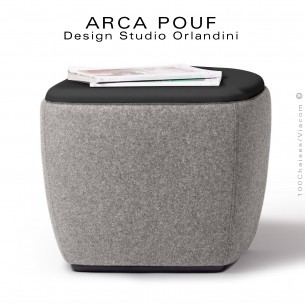 Pouf, repose-pieds, tabouret ARCA, bout de canapé, assise mousse, habillage tissu gris Tourterelle, assise cuir noir.