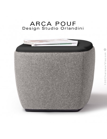 Pouf, repose-pieds, tabouret ARCA, bout de canapé, assise mousse, habillage tissu gris Tourterelle, assise cuir noir.