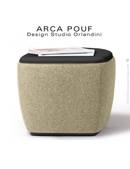 Pouf, repose-pieds, tabouret ARCA, bout de canapé, assise mousse, habillage tissu jaune paille, assise cuir noir.