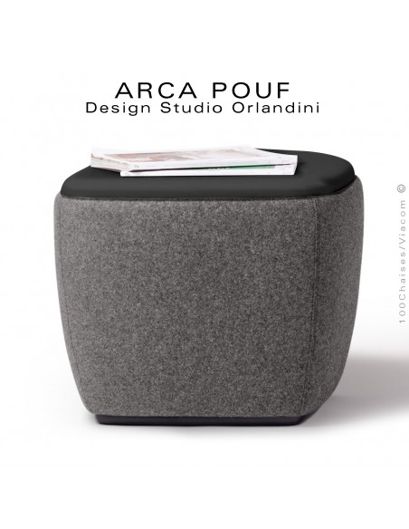 Pouf, repose-pieds, tabouret ARCA, bout de canapé, assise mousse, habillage tissu tabac, assise cuir noir.