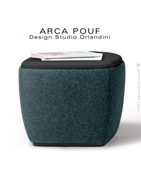 Pouf, repose-pieds, tabouret ARCA, bout de canapé, assise mousse, habillage tissu vert bouteille, assise cuir noir.
