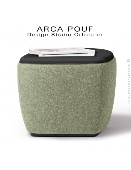 Pouf, repose-pieds, tabouret ARCA, bout de canapé, assise mousse, habillage tissu vert clair, assise cuir noir.