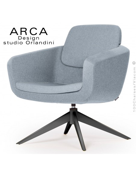 Fauteuil pour salon d'attente ARCA, piétement 4 branches acier peint noir, assise garnie habillage tissu couleur bleu clair.