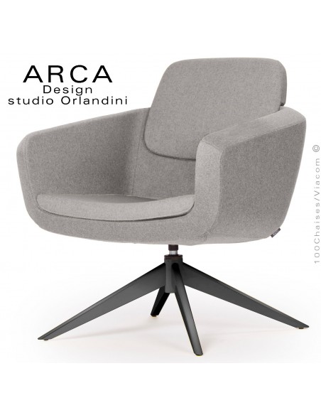 Fauteuil pour salon d'attente ARCA, piétement 4 branches acier peint noir, assise garnie habillage tissu gris Tourterelle.