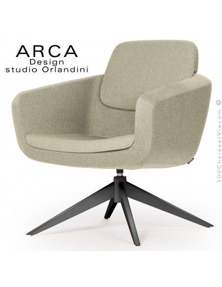 Fauteuil pour salon d'attente ARCA, piétement 4 branches acier peint noir, assise garnie habillage tissu couleur jaune paille.