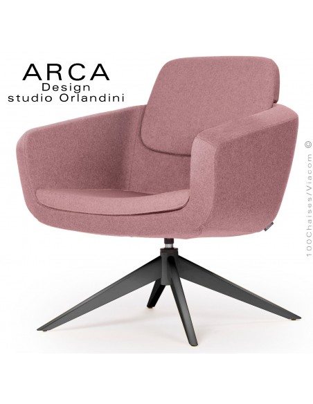 Fauteuil pour salon d'attente ARCA, piétement 4 branches acier peint noir, assise garnie habillage tissu couleur rose.
