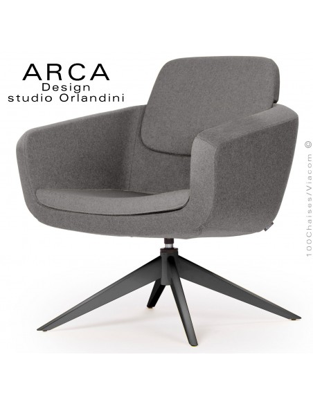 Fauteuil pour salon d'attente ARCA, piétement 4 branches acier peint noir, assise garnie habillage tissu couleur Tabac.
