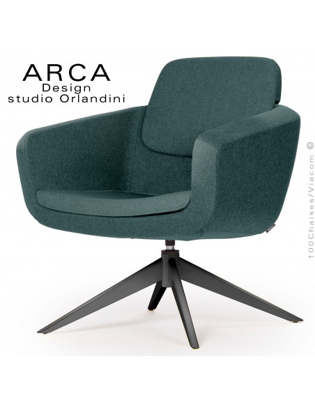 Fauteuil pour salon d'attente ARCA, piétement 4 branches acier peint noir, assise garnie habillage tissu couleur vert bouteille.