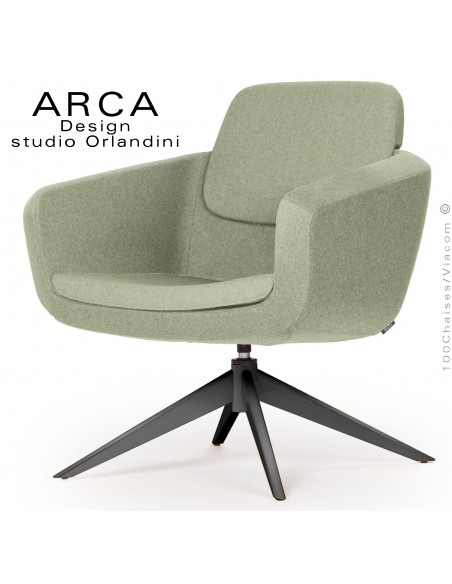 Fauteuil pour salon d'attente ARCA, piétement 4 branches acier peint noir, assise garnie habillage tissu couleur vert clair.