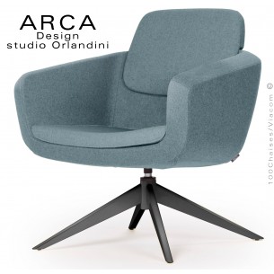 Fauteuil pour salon d'attente ARCA, piétement 4 branches acier peint noir, assise garnie habillage tissu couleur bleu d'eau.