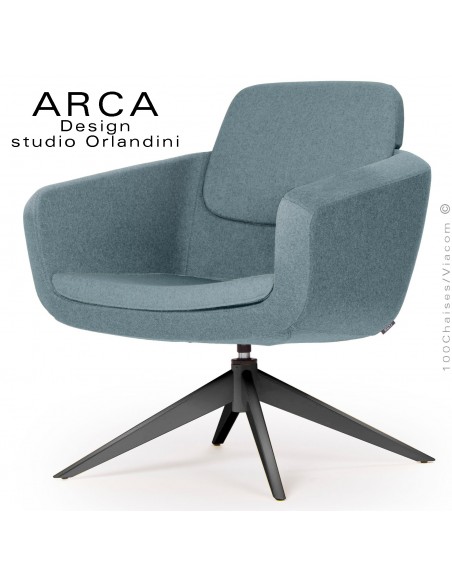 Fauteuil pour salon d'attente ARCA, piétement 4 branches acier peint noir, assise garnie habillage tissu couleur bleu d'eau.