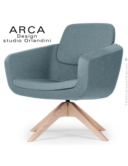 Fauteuil pour salon d'attente lounge ARCA, piétement 4 branches bois de Frêne, assise tissu couleur bleu d'eau.