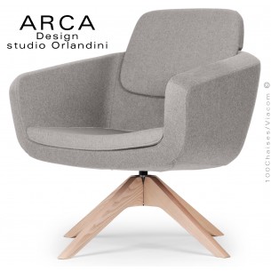 Fauteuil pour salon d'attente lounge ARCA, piétement 4 branches bois de Frêne, assise tissu couleur gris Tourterelle.