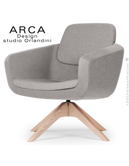 Fauteuil pour salon d'attente lounge ARCA, piétement 4 branches bois de Frêne, assise tissu couleur gris Tourterelle.