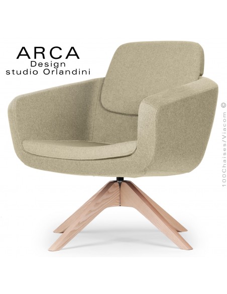 Fauteuil pour salon d'attente lounge ARCA, piétement 4 branches bois de Frêne, assise tissu couleur jaune paille.