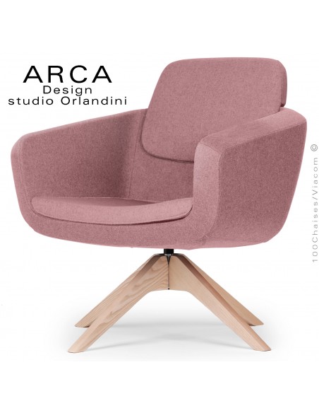 Fauteuil pour salon d'attente lounge ARCA, piétement 4 branches bois de Frêne, assise tissu couleur rose.