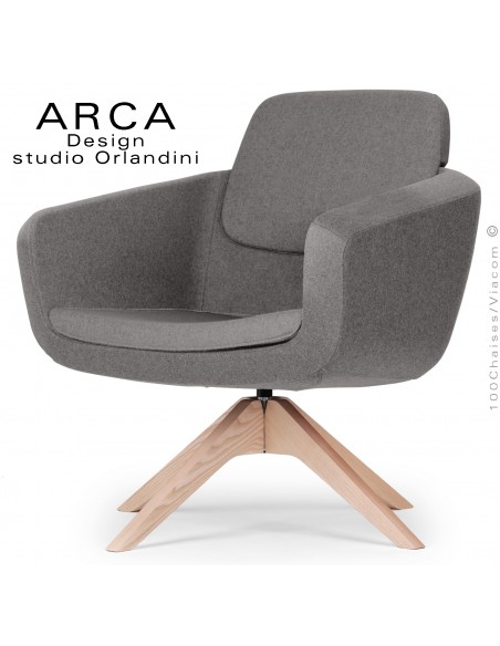 Fauteuil pour salon d'attente lounge ARCA, piétement 4 branches bois de Frêne, assise tissu couleur tabac.