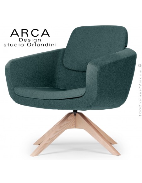 Fauteuil pour salon d'attente lounge ARCA, piétement 4 branches bois de Frêne, assise tissu couleur vert bouteille.