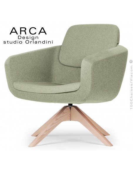 Fauteuil pour salon d'attente lounge ARCA, piétement 4 branches bois de Frêne, assise tissu couleur vert clair.