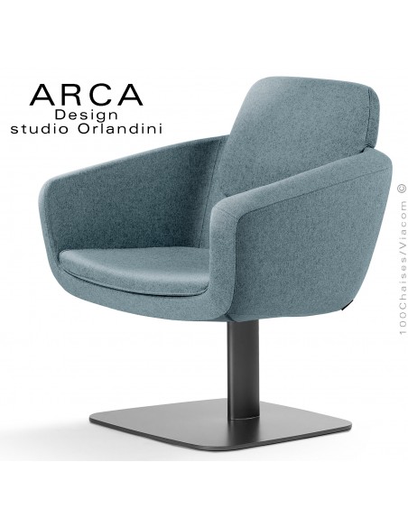 Fauteuil pour salon d'attente lounge ARCA, piétement colonne centrale peint noir, assise tissu couleur bleu d'eau.