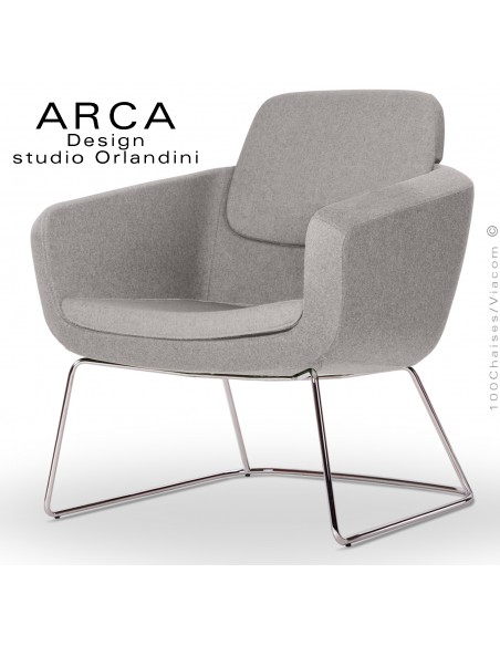 Fauteuil lounge confort ARCA, pour salon d'attente standing, habillage tissu gris Tourterelle, piétement luge chromé.