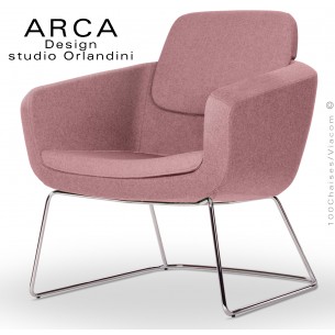 Fauteuil lounge confort ARCA, pour salon d'attente standing, habillage tissu couleur rose, piétement luge chromé.
