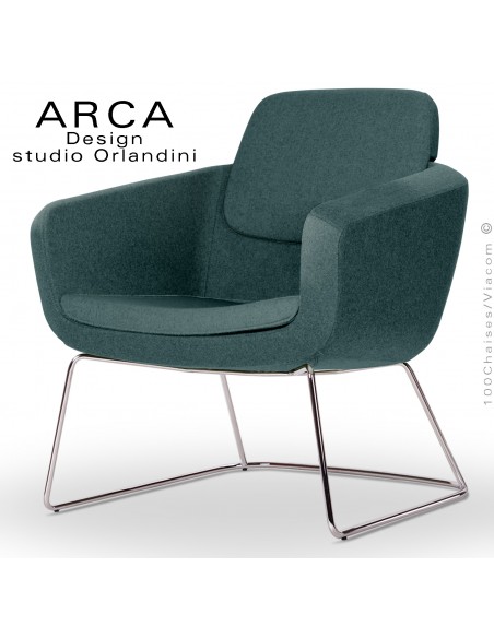 Fauteuil lounge confort ARCA, pour salon d'attente standing, habillage tissu couleur vert bouteille, piétement luge chromé.