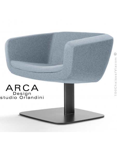 Fauteuil lounge pour salle d'attente ARCA, piétement colonne centrale ovoïde noir, assise tissu couleur bleu clair.