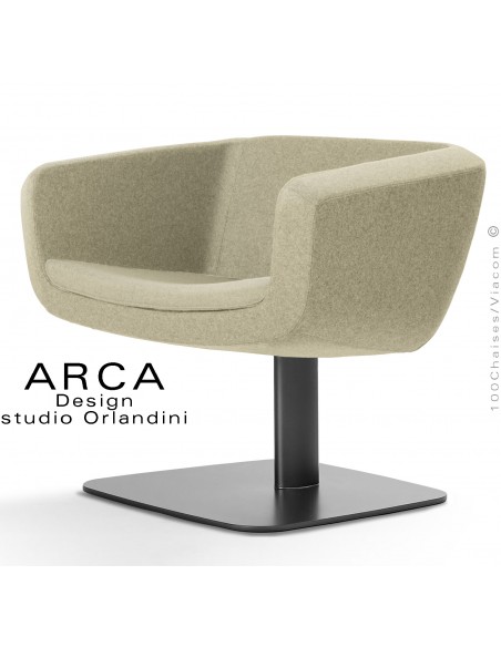 Fauteuil lounge pour salle d'attente ARCA, piétement colonne centrale ovoïde noir, assise tissu couleur jaune paille.