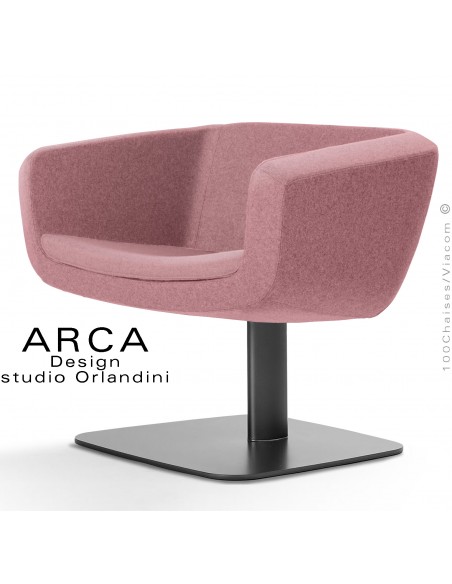 Fauteuil lounge pour salle d'attente ARCA, piétement colonne centrale ovoïde noir, assise tissu couleur rose.
