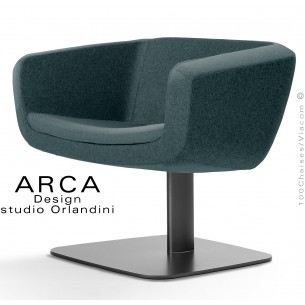 Fauteuil lounge pour salle d'attente ARCA, piétement colonne centrale ovoïde noir, assise tissu couleur vert bouteille.
