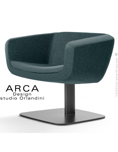 Fauteuil lounge pour salle d'attente ARCA, piétement colonne centrale ovoïde noir, assise tissu couleur vert bouteille.