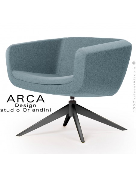 Fauteuil pour salon d'attente lounge ARCA, piétement 4 branches acier peint noir, assise habillage tissu bleu d'eau.