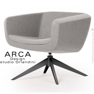 Fauteuil pour salon d'attente lounge ARCA, piétement 4 branches peint noir, assise habillage tissu gris Tourterelle.