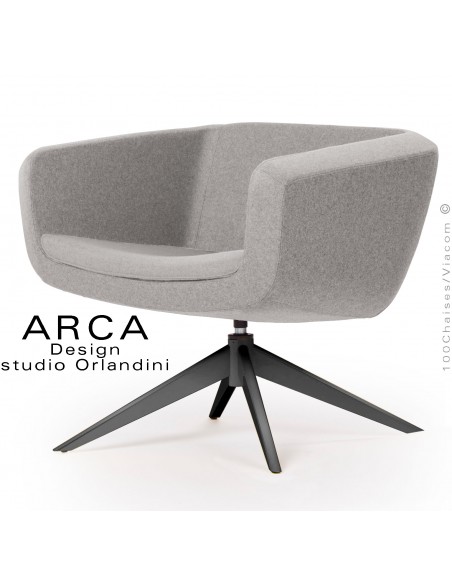 Fauteuil pour salon d'attente lounge ARCA, piétement 4 branches peint noir, assise habillage tissu gris Tourterelle.