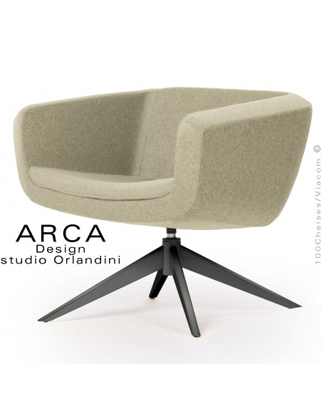 Fauteuil pour salon d'attente lounge ARCA, piétement 4 branches acier peint noir, assise habillage tissu jaune paille.