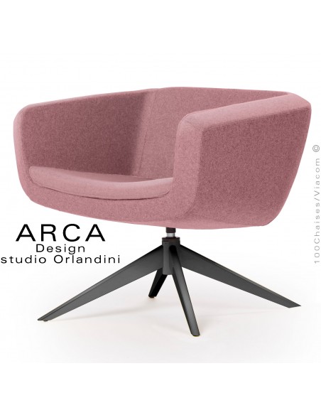 Fauteuil pour salon d'attente lounge ARCA, piétement 4 branches acier peint noir, assise habillage tissu rose.