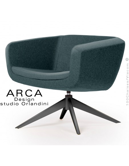 Fauteuil pour salon d'attente lounge ARCA, piétement 4 branches acier peint noir, assise habillage tissu vert bouteille.