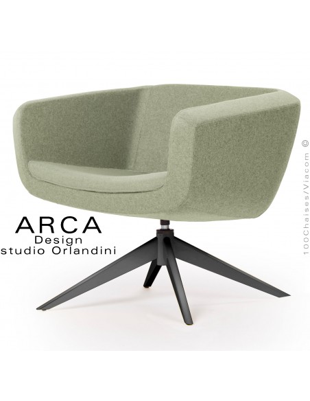 Fauteuil pour salon d'attente lounge ARCA, piétement 4 branches acier peint noir, assise habillage tissu vert clair.