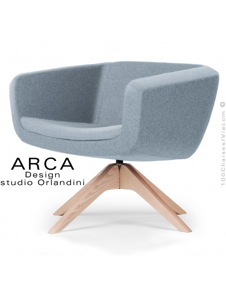 Fauteuil pour espace d'accueil lounge ARCA, assise, dossier garnis, habillage tissu couleur bleu clair, piétement bois.