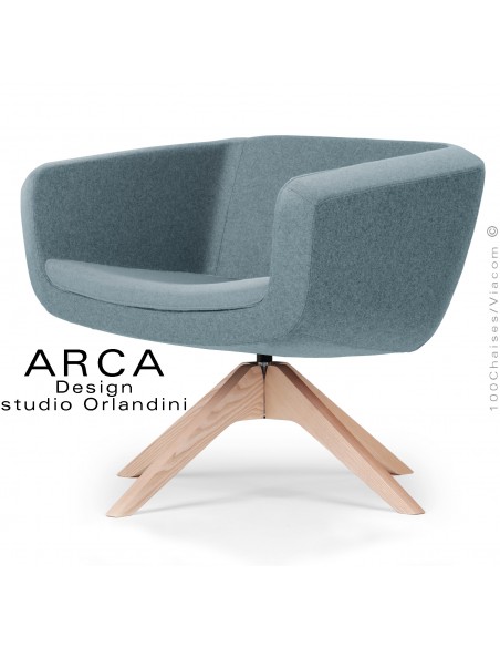 Fauteuil pour espace d'accueil lounge ARCA, assise, dossier garnis, habillage tissu couleur bleu d'eau, piétement bois.