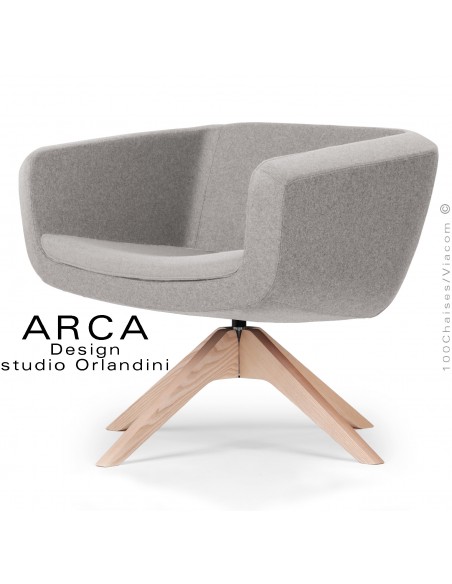 Fauteuil pour espace d'accueil lounge ARCA, assise, dossier garnis, tissu couleur gris Tourterelle, piétement bois.