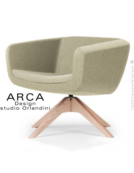 Fauteuil pour espace d'accueil lounge ARCA, assise, dossier garnis, habillage tissu couleur jaune paille, piétement bois.