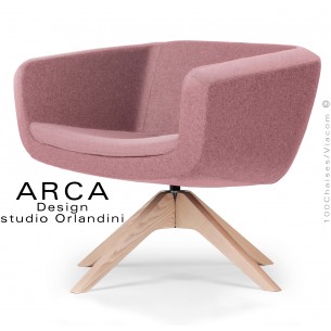 Fauteuil pour espace d'accueil lounge ARCA, assise, dossier garnis, habillage tissu couleur rose, piétement bois.