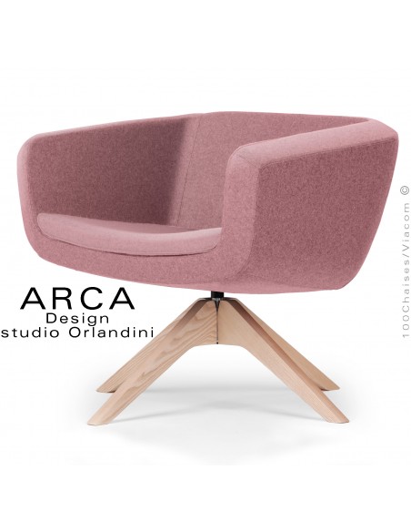 Fauteuil pour espace d'accueil lounge ARCA, assise, dossier garnis, habillage tissu couleur rose, piétement bois.