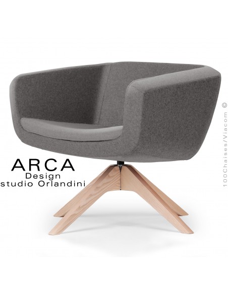 Fauteuil pour espace d'accueil lounge ARCA, assise, dossier garnis, habillage tissu couleur tabac, piétement bois.