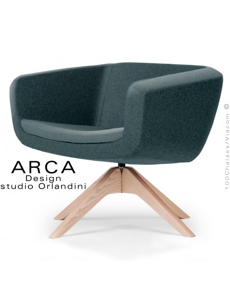 Fauteuil pour espace d'accueil lounge ARCA, assise, dossier garnis, habillage tissu couleur vert bouteille, piétement bois.