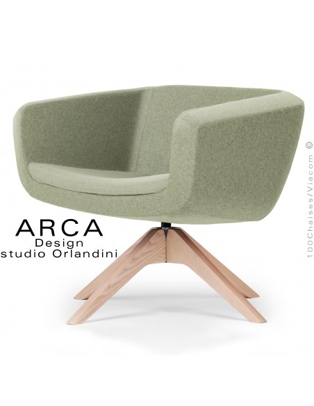 Fauteuil pour espace d'accueil lounge ARCA, assise, dossier garnis, habillage tissu couleur vert clair, piétement bois.
