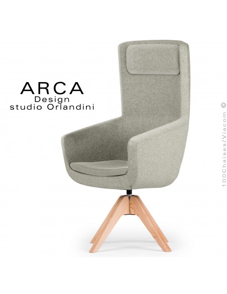 Fauteuil ARCA Small, pour le bureau ou salle de réunion , assise tissu 100% laine, couleur blanc cassé, piétement bois massif.