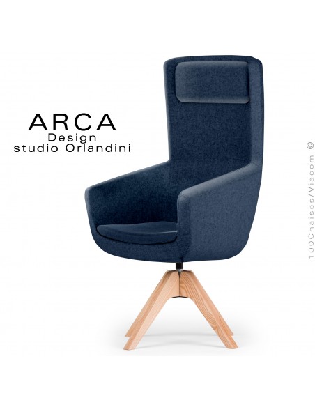 Fauteuil ARCA Small, pour le bureau ou salle de réunion , assise tissu 100% laine, couleur bleu marine, piétement bois massif.